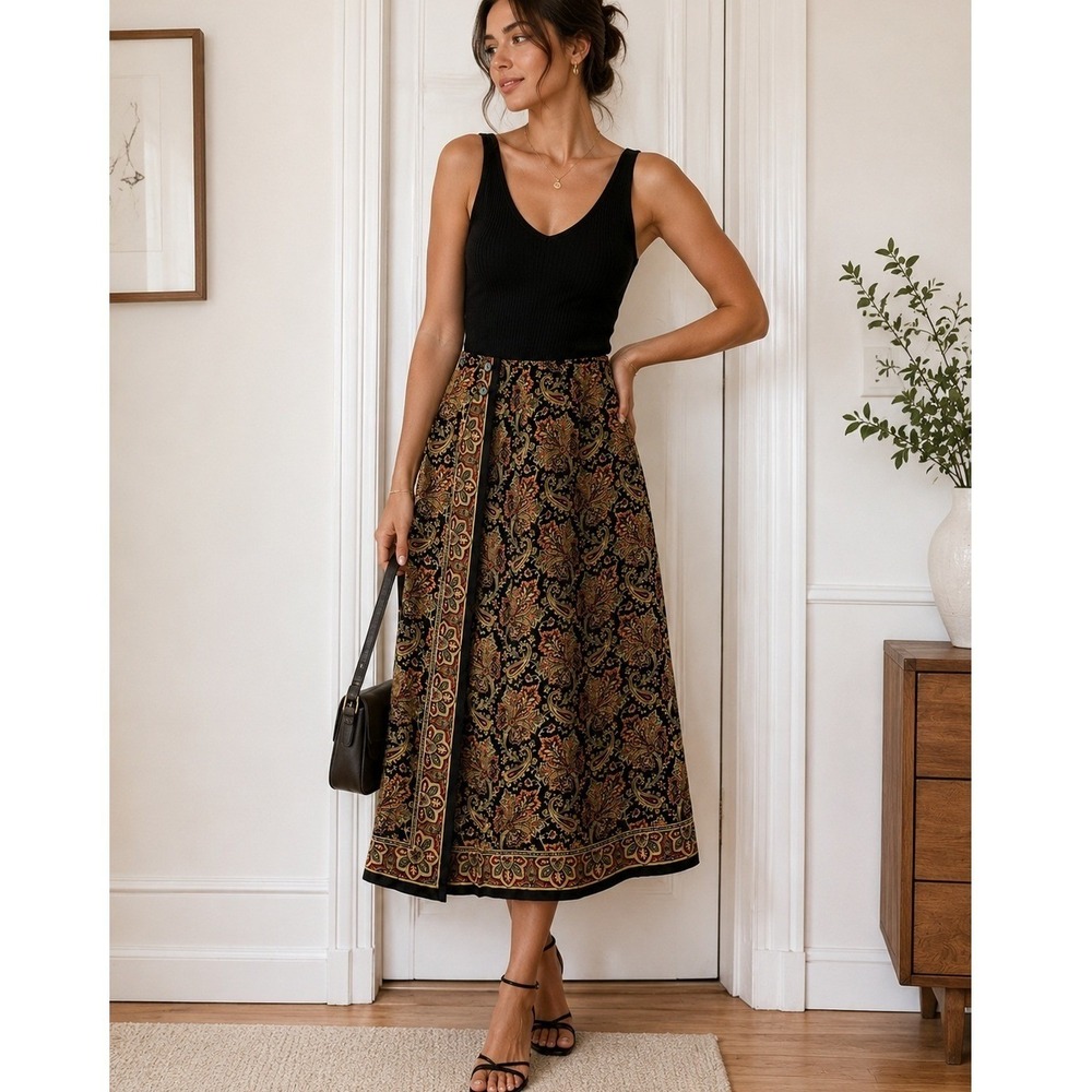 Talbots Petite Paisley Wrap Midi Skirt 4P Black Gold Boho Festival Cottagecore